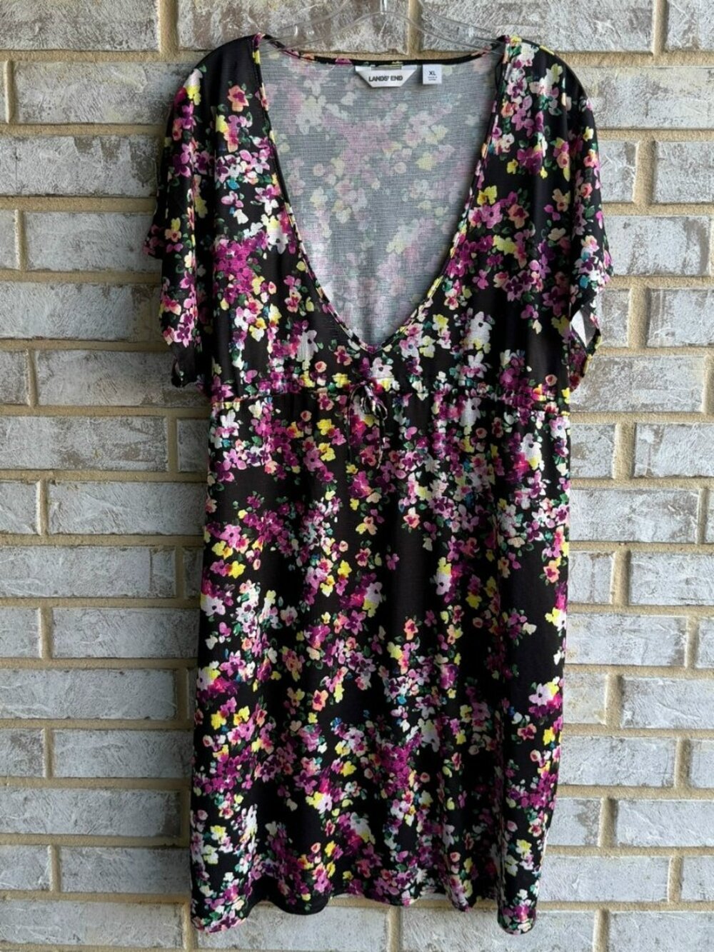 Lands' End Short Sleeve V-Neck Tie Neck Floral Swim Tunic Women's Size XL